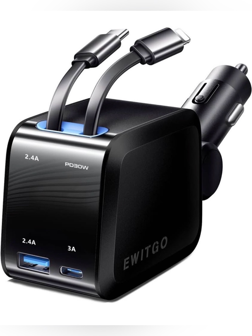 NEW 4-in-1 Retractable Car Fast Charger with 4ft Cables
